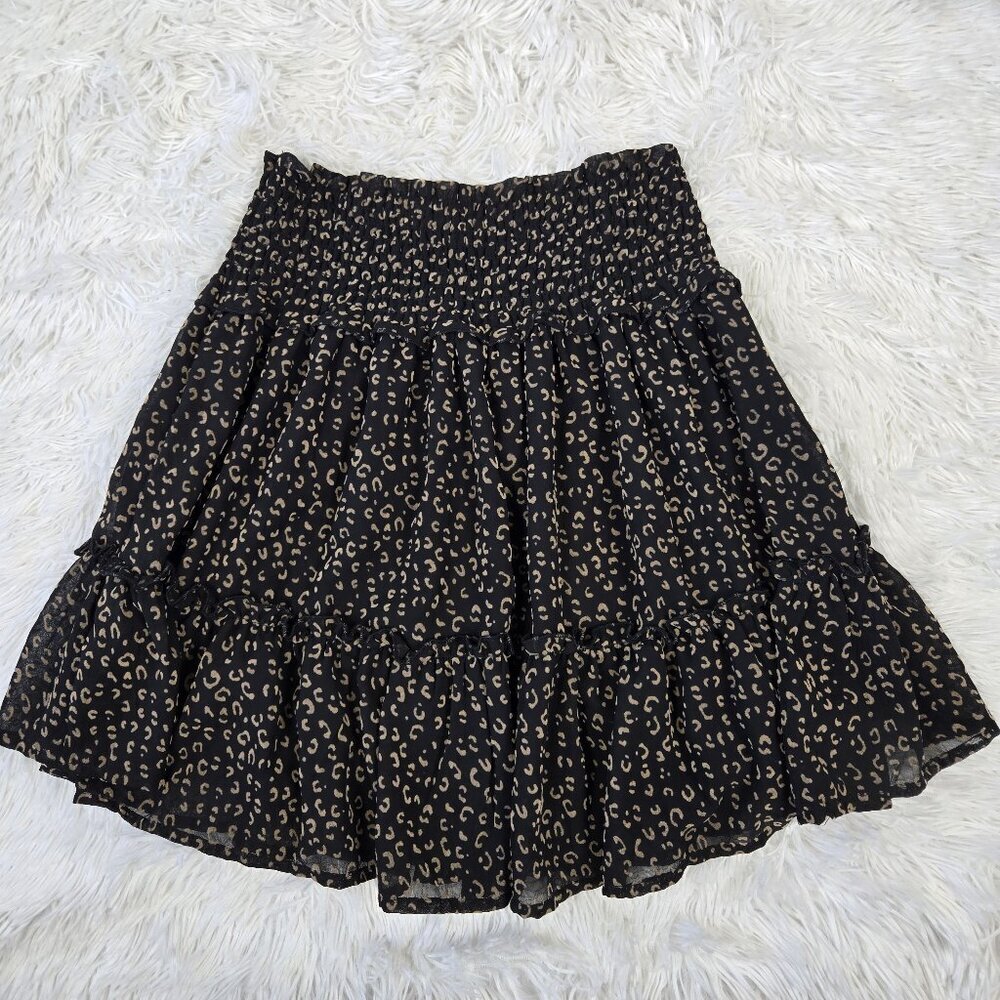 Altar’d State Sz Medium Mini Skirt Black Tan Pattern Smocked Waist Animal Print - Picture 7 of 9